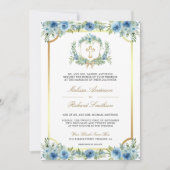 Invitation Croix catholique dorée florale bleue Code QR Maria (Devant)