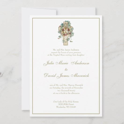 Invitation Croix catholique Eucharistie Mariage floral (Devant)