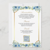 Invitation Croix catholique QR Code Mariage Floral Bleu Or (Dos)