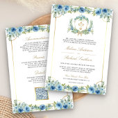 Invitation Croix catholique QR Code Mariage Floral Bleu Or