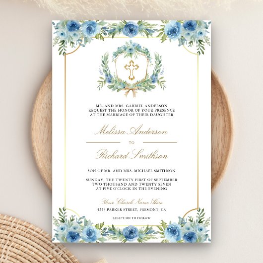 Invitation Croix catholique QR Code Mariage Floral Bleu Or
