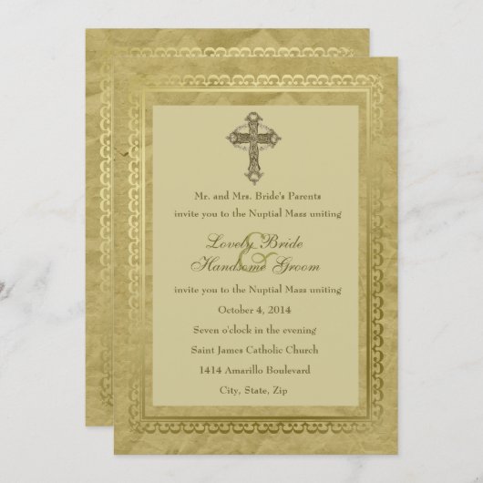 Invitation Croix catholique Vintage verte (Devant / Derrière)