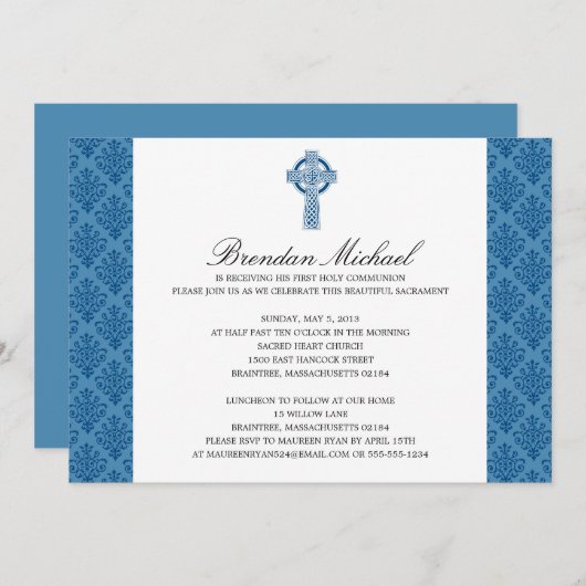 Invitation Croix celtique Damask Première communion (Devant / Derrière)