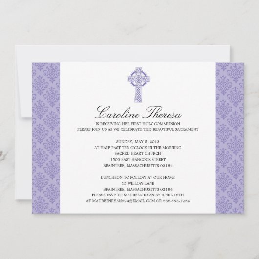 Invitation Croix celtique Damask Première communion (Devant)