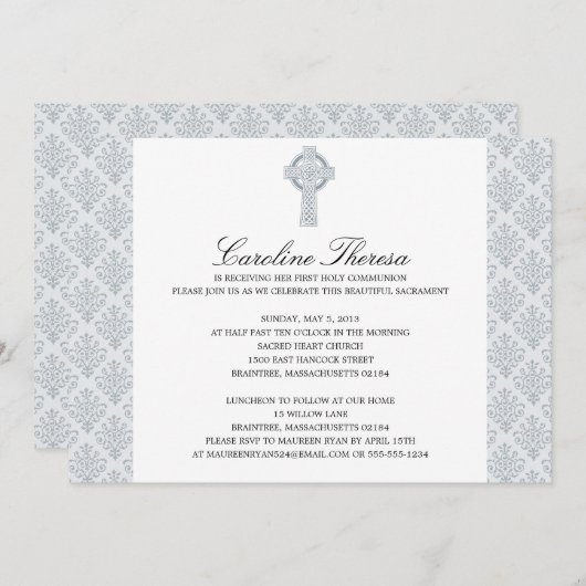 Invitation Croix celtique gris argenté Damask Première commun (Devant / Derrière)
