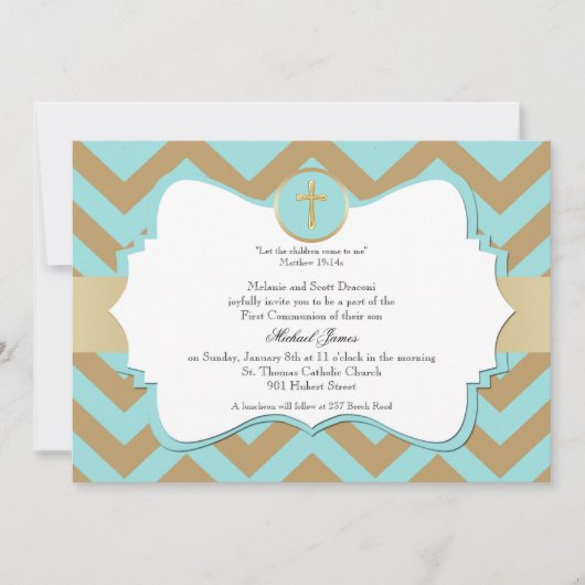 Invitation Croix Chevron bleu et or communion garçon (Devant)