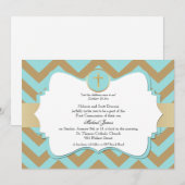 Invitation Croix Chevron bleu et or communion garçon (Devant / Derrière)