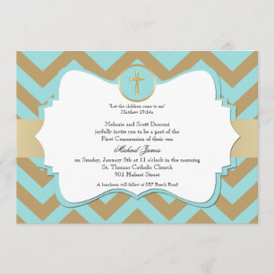 Invitation Croix Chevron bleu et or communion garçon