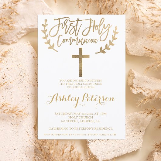 Invitation Croix chic simple or Première communion sainte