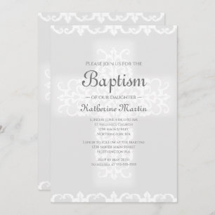 Invitation Croix chrétienne de Baptême Fille Damas gris