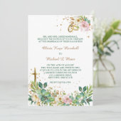 Invitation Croix chrétienne moderne et anneaux Mariage floral (Debout devant)