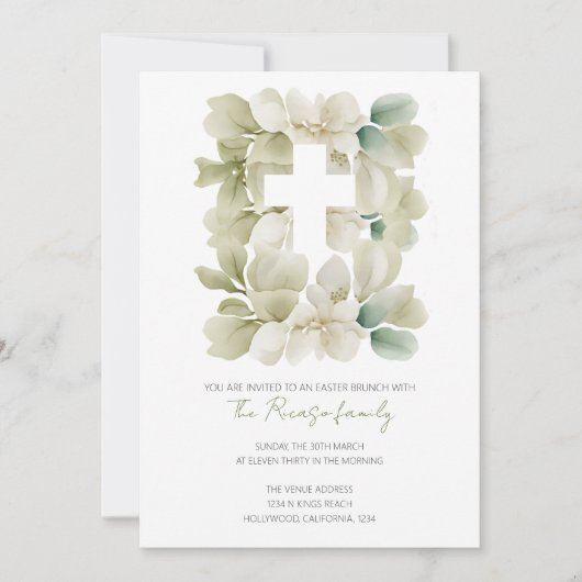 Invitation Croix chrétienne religieuse Feuilles de Pâques Bru (Devant)