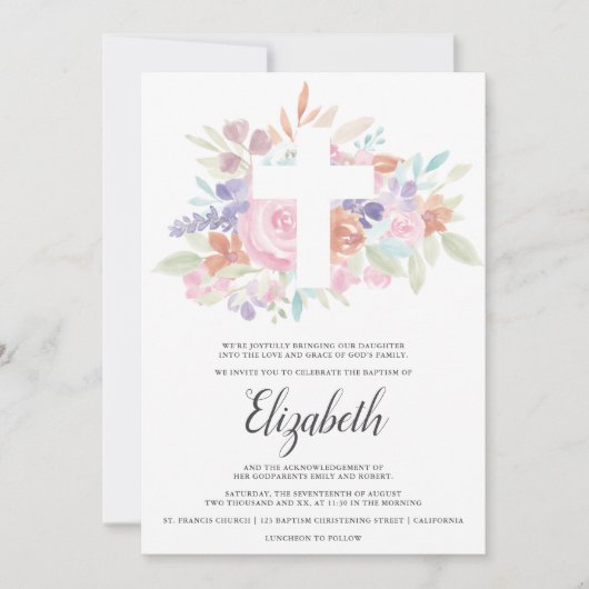 Invitation Croix chrétienne rose pastel douce baptême (Devant)