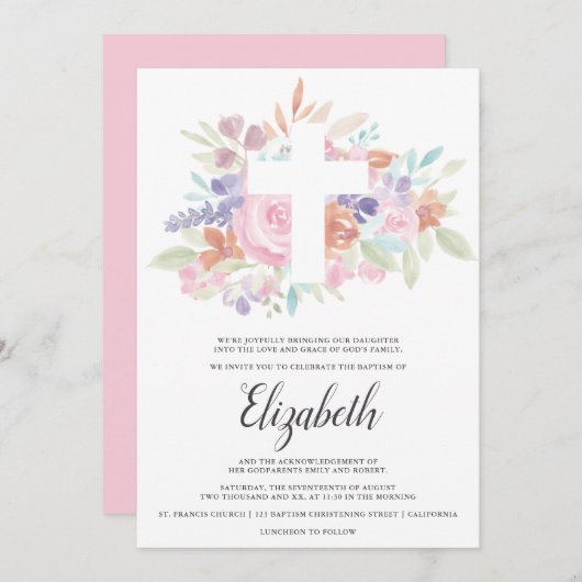 Invitation Croix chrétienne rose pastel douce baptême (Devant / Derrière)