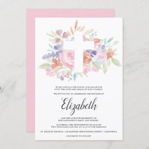 Invitation Croix christienne rose pastel douce baptême
