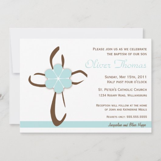 Invitation Croix contemporaine simple avec fleurs bleues (Devant)
