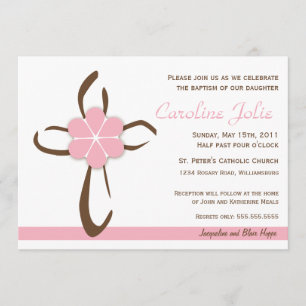 Invitation Croix contemporaine simple avec fleurs roses