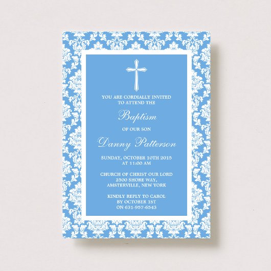 Invitation Croix Damas Baptême Baptême Ou Baptême Bleu