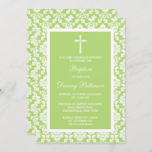 Invitation Croix-Damas Verte Baptême Ou Baptême