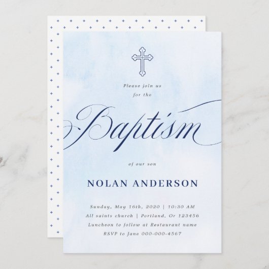 Invitation Croix d'aquarelle bleue en calligraphie Baptême In (Devant / Derrière)