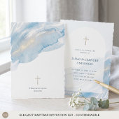 Invitation Croix d'arche en aquarelle bleue minimale Baptême