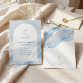 Invitation Croix d'arche en aquarelle bleue minimale Baptême