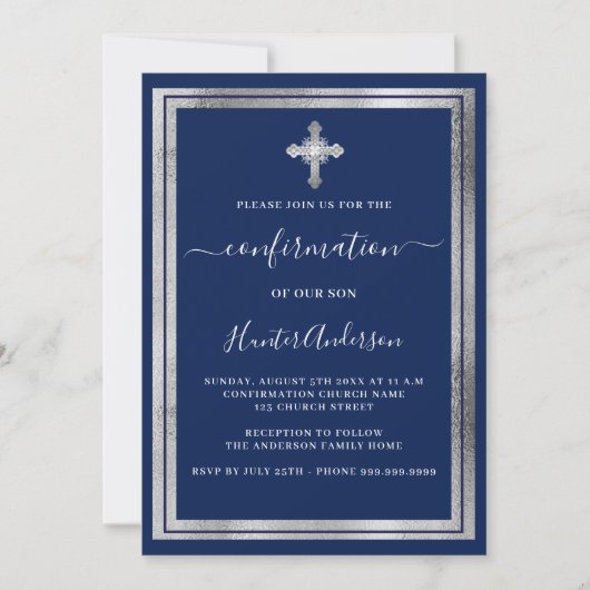 Invitation Croix d'argent bleu marine Confirmation (Devant)