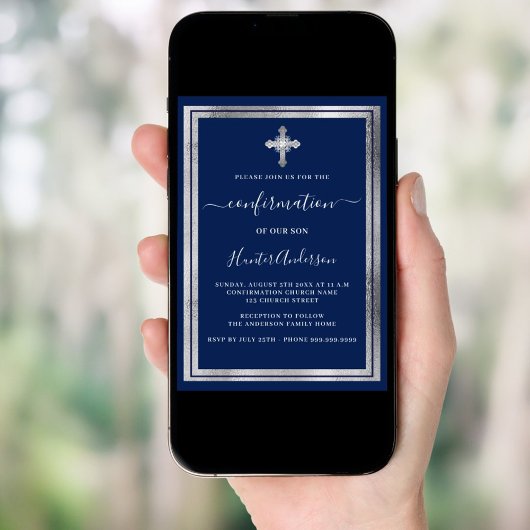 Invitation Croix d'argent bleu marine Confirmation