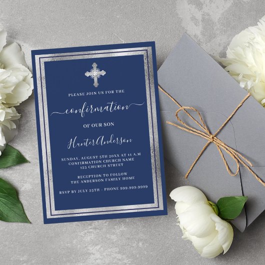 Invitation Croix d'argent bleu marine Confirmation