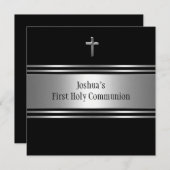 Invitation Croix d'argent noir garçons première communion (Devant / Derrière)