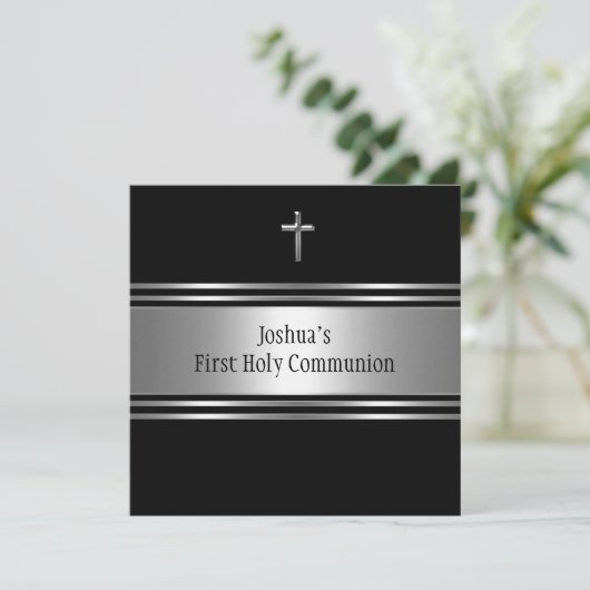Invitation Croix d'argent noir garçons première communion (Debout devant)
