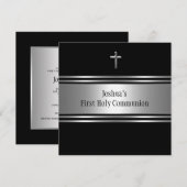 Invitation Croix d'argent noire Garçons Première Communion (Devant / Derrière)