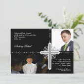 Invitation Croix d'argent sur la communion photo noire (Debout devant)