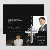 Invitation Croix d'argent sur la communion photo noire (Devant / Derrière)