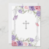 Invitation Croix d'argent violet Fleur rose 1ère sainte commu (Dos)