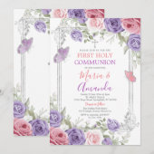 Invitation Croix d'argent violet Fleur rose 1ère sainte commu (Devant / Derrière)