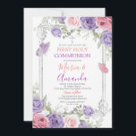 Invitation Croix d'argent violet Fleur rose 1ère sainte commu<br><div class="desc">Fleur violet ÉDITABLE Croix d'argent rose 1ère Sainte Communion Invitation Élégante Papillon rose et pourpre Primera Comunión Invitación Christening Girl Floral Gold Frame 1ère Sainte Communion Invitation</div>