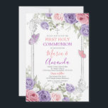 Invitation Croix d'argent violet Fleur rose 1ère sainte commu<br><div class="desc">Fleur violet ÉDITABLE Croix d'argent rose 1ère Sainte Communion Invitation Élégante Papillon rose et pourpre Primera Comunión Invitación Christening Girl Floral Gold Frame 1ère Sainte Communion Invitation</div>