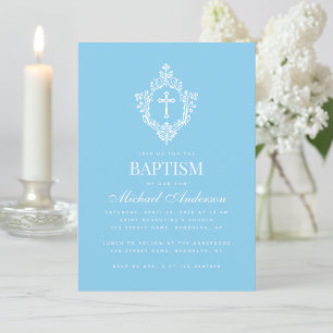 Invitation Croix de baptême Baby Blue Boy Crest Élégant Vinta
