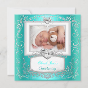 Invitation Croix de baptême bébé fille garçon Aqua sarcelle