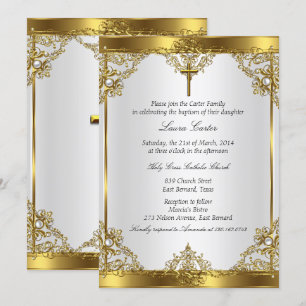 Invitation Croix de baptême Christening 2 en or et perle blan