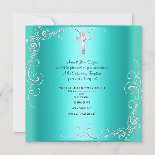 Invitation Croix de baptême de bébé fille garçon Aqua Teal (Dos)