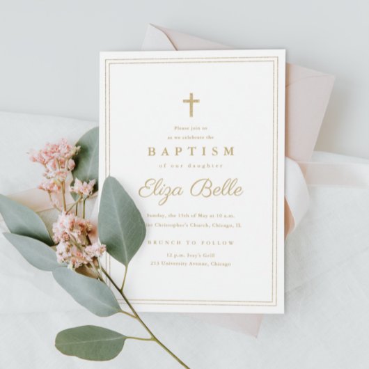 Invitation Croix de baptême élégante en or