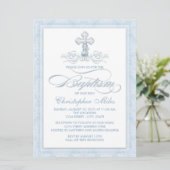 Invitation Croix de baptême en damas bleu (Debout devant)