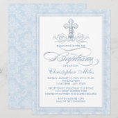 Invitation Croix de baptême en damas bleu (Devant / Derrière)