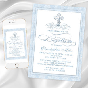 Invitation Croix de baptême en damas bleu