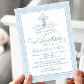 Invitation Croix de baptême en damas bleu
