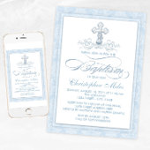 Invitation Croix de baptême en damas bleu
