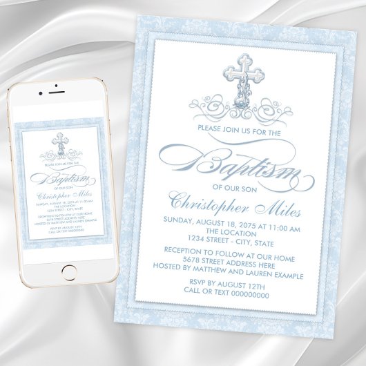 Invitation Croix de baptême en damas bleu
