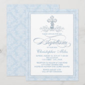 Invitation Croix de baptême en damas bleu (Devant / Derrière)